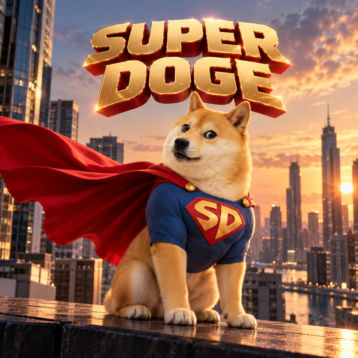 Super Doge, a Shiba Inu in a superhero cape and SD shield, standing over a city skyline at sunset